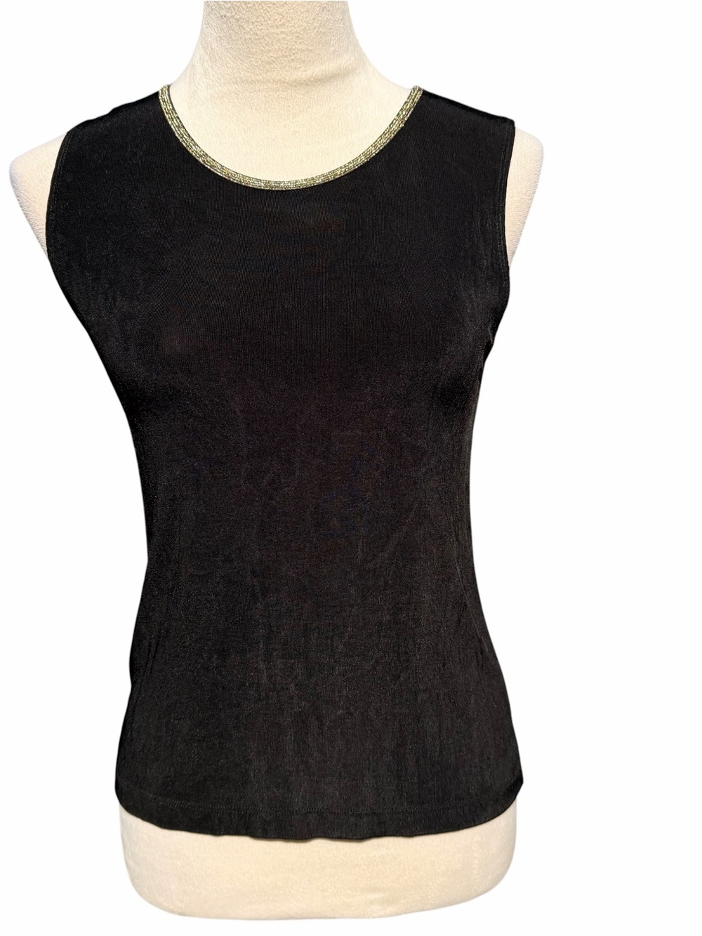 Chico’s Size 0 Small Classic Black Sleeveless Top with Gold Trim Slinky Stretchy